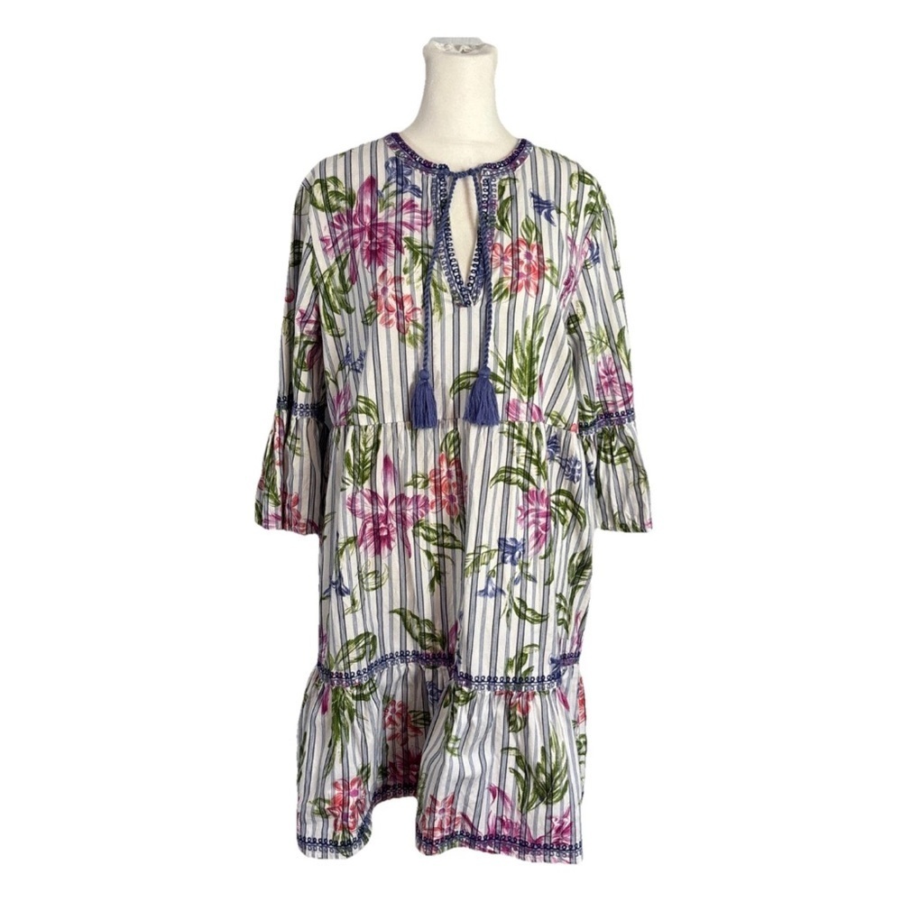 Tommy Bahama Floral Embroidered Tassel  Cotton Tiered Dress Size M Beach Resort
